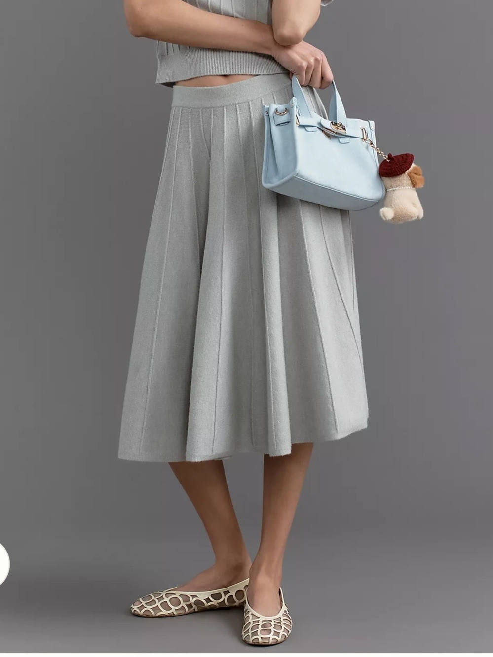 Maeve Light Gray Pleated Sweater Midi Skirt